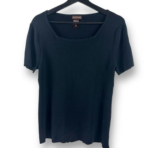 Multiples S Slinky Knit Short Sleeve Top Solid Black Square Neck Elevated Basic - Picture 1 of 6